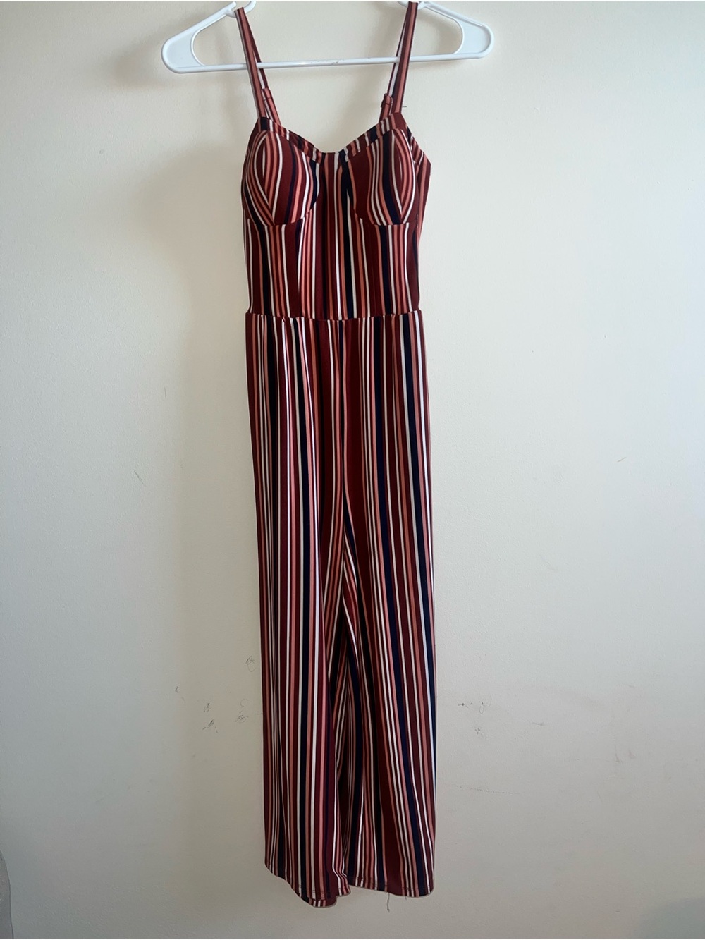 No Boundaries Burgundy Multi-Stripe Spaghetti-Strap Jumpsuit